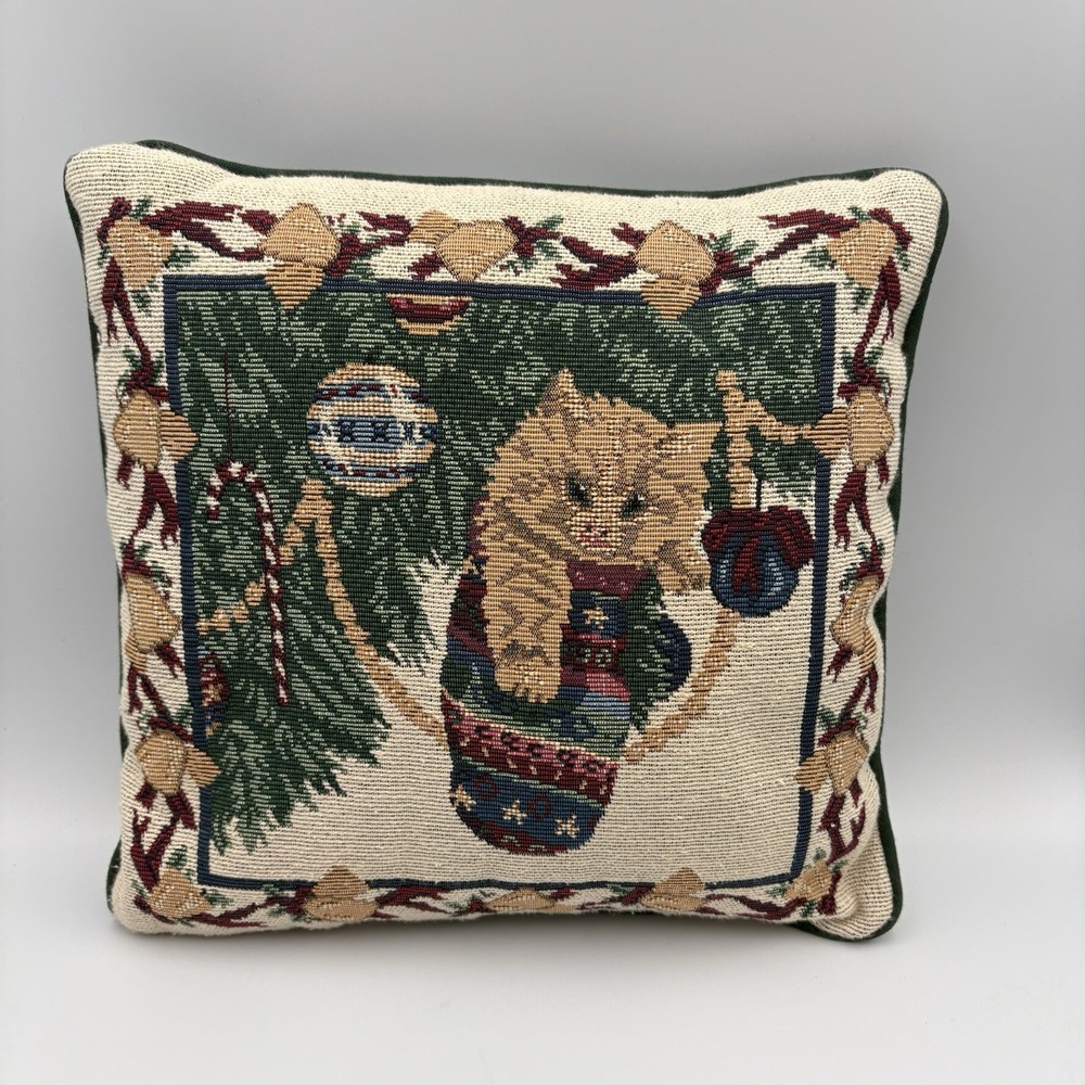 Vintage Christmas Stocking Cat Kitten Tapestry Throw Accent Pillow 12x12
